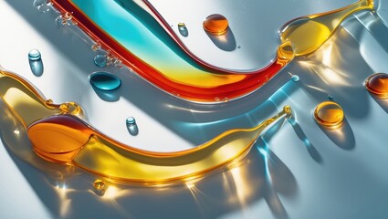 Aufkleber - Abstract fluid composition of colorful oil and water droplets on a silver background creating dynamic shapes and shadows in a visually striking layout.
