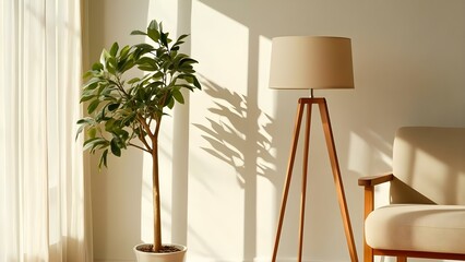 Sticker - A well-lit room featuring a plant in a pot, a stylish lamp on a tripod stand, and a comfortable chair. Shadows create a cozy atmosphere. Concept Cozy Room Decor, Stylish Lighting