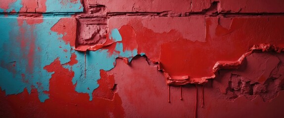 Poster - Textured wall featuring vibrant red paint with peeling blue accents creating a striking abstract background for artistic designs or presentations.