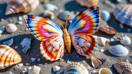 Aufkleber - Colorful butterfly-shaped sea shell on sandy beach with pebbles and broken shells, highlighting summer's natural beauty and intricate details.