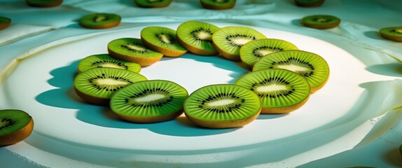 Aufkleber - Sliced kiwi rings arranged artistically on a white background with backlighting creating an appealing fresh fruit pattern.
