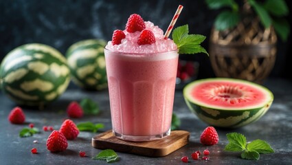 Aufkleber - Refreshing Melon Raspberry Smoothie in a Glass Garnished with Fresh Raspberries and Mint on a Dark Background with Watermelon Slices