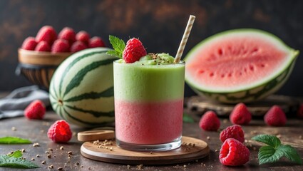 Aufkleber - Refreshing Melon Raspberry Smoothie in Glass with Fresh Berries and Watermelon Slices Surrounded by Greenery and Copy Space for Text