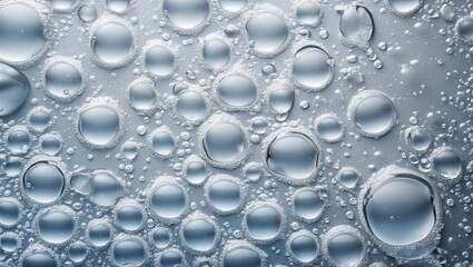 Poster - Water droplets on glass surface creating a textured pattern with bubbles highlighting the clarity and reflection in a cool toned backdrop.