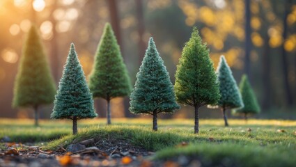 Aufkleber - Miniature artificial trees in a tranquil forest setting illuminated by soft sunlight creating a serene and picturesque natural scene.