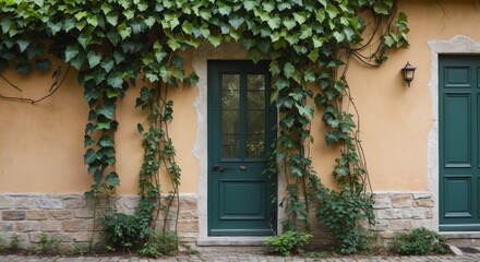 Poster - Vibrant green vines climbing a textured wall beside a charming door creating a serene and inviting exterior landscape.