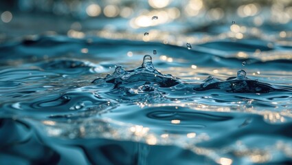 Poster - Close-up of water surface with ripples and droplets reflecting light in a tranquil aquatic environment.