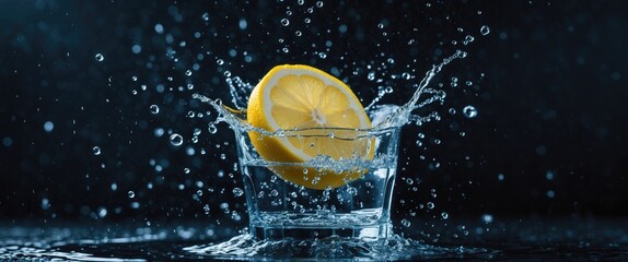Aufkleber - Lemon slice creating a splash in a glass of water with droplets captured in mid-air against a dark backdrop showcasing motion and freshness.