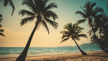 Aufkleber - Palm trees silhouetted against a serene beach at sunset, featuring vintage filter effects and ample space for text overlays.