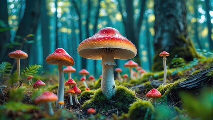 Aufkleber - Vibrant Red-Capped Mushrooms Growing in a Lush Forest with Soft Focus and Ample Space for Text Overlay