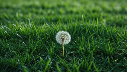 Aufkleber - Solitary dandelion flower in a recently mowed lawn with lush green grass creating a serene and textured natural background.