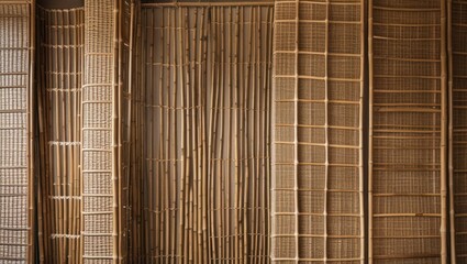 Poster - Woven bamboo wall panels showcasing natural textures and patterns in traditional craftsmanship and eco-friendly design elements.