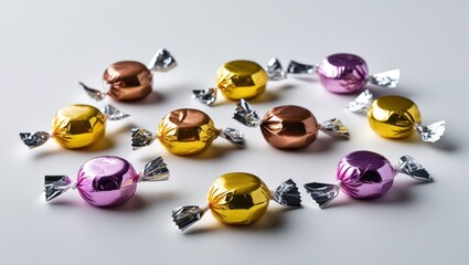 Poster - Colorful assorted candies in shiny foil wrappers arranged on a clean white background perfect for festive and sweet treat themes.