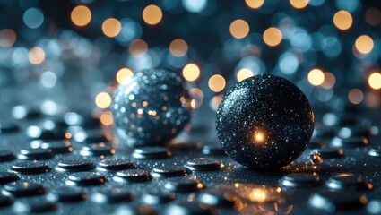 Aufkleber - Glittering silver and black decorative balls with sparkling light reflections against a blurred bokeh background for festive themes