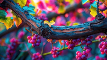 Poster - Vibrant close-up of textured vine bark with clusters of grapes and colorful leaves in a beautifully lit vineyard setting.