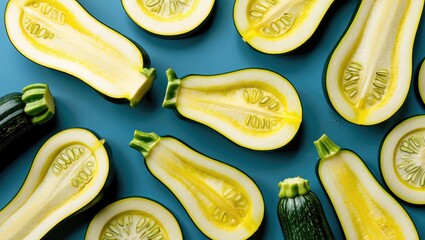 Aufkleber - Freshly Sliced Zucchini and Yellow Squash on Vibrant Blue Background with Negative Space for Text or Design Elements