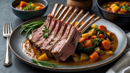 Aufkleber - Elegant Rack Of Lamb Garnished With Herbs Served Alongside Colorful Vegetable Stew And Rich Sauce on a Modern Plate Presentation