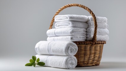 Aufkleber - Stacked white spa towels in a wicker basket with green leaves isolated on a soft gray background for a clean and serene aesthetic.