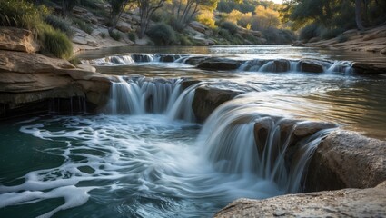 Poster - Serene waterfall cascading into a natural pool surrounded by lush greenery and rocky terrain under soft sunlight.