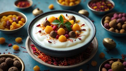 Poster - Delicious Shrikhand Dessert with Saffron and Dry Fruits on Blue Background Ideal for Text Overlay and Food Promotions