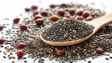 Aufkleber - Chia seeds spilled from a wooden spoon surrounded by mixed seeds and berries on a white background showcasing a nutritious superfood blend.