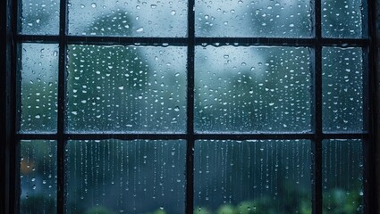 Poster - Raindrops cascading down a barred window creating a moody atmospheric view from indoors to a blurred garden outside