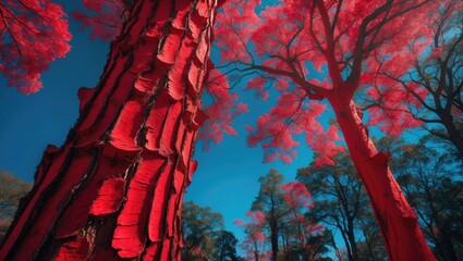 Poster - Vibrant red bark of unique trees contrasting against a bright blue sky showcasing nature's rich textures and colors.