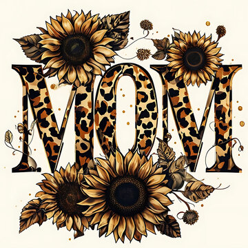 Ornate Leopard Print 'MOM' Letters Surrounded By Sunflowers
