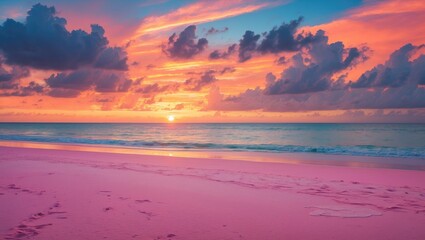 Poster - Vibrant Sunset Over Pink Sand Beach with Dramatic Clouds and Reflective Ocean Waves