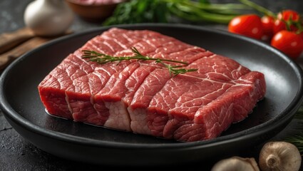 Poster - Raw beef steak garnished with fresh rosemary on a black dish surrounded by fresh vegetables against a dark textured background.