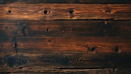 Poster - Dark vintage wooden background texture featuring knots and nail holes in horizontal boards, perfect for rustic design projects.