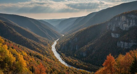 Poster - Autumn Mountain Gorge Landscape with River and Colorful Foliage Ideal for Nature and Travel Themes with Space for Text Overlay