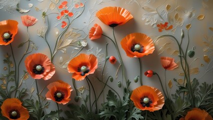 Poster - Elegant silk texture featuring vibrant painted flowers with poppies in an artistic floral design background. Perfect for decorative use.