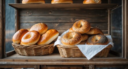 Poster - Rustic Wooden Display Featuring Fresh Bread and Bagels in Baskets with Room for Text Overlay Ideal for Food Photography or Menu Design