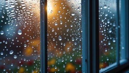 Poster - Water droplets on a window pane reflecting seasonal changes with a blurred garden backdrop and warm sunlight filtering through.