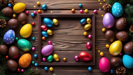 Aufkleber - Colorful Easter egg decoration frame on wooden background with blurred bokeh lights and copy space for festive greetings or promotions