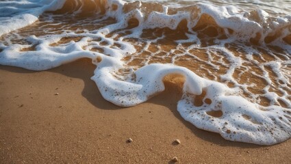 Poster - Beach wave foam on sandy shore creating a tranquil coastal texture for backgrounds and designs.
