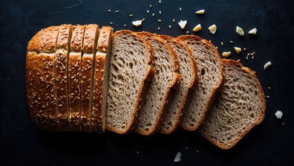 Aufkleber - Sliced rye bread arranged on a dark background with scattered seeds showcasing a rustic and appetizing appearance.