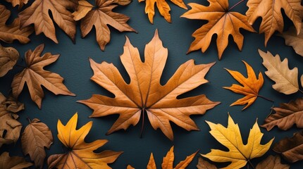 Aufkleber - Autumn oak leaves arranged on a surface in warm tones creating a cozy and inviting seasonal background. Perfect for fall-themed designs.