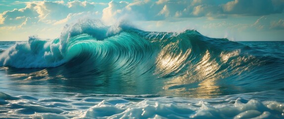 Poster - Powerful ocean wave with turquoise hues reflecting sunlight against a backdrop of clouds and serene sea surface. Ideal for beach-themed designs.