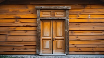 Poster - Wooden house wall featuring a natural brown oil finish with a rustic double door, showcasing warm tones and textured planks.