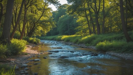 Aufkleber - Tranquil Summer Landscape of a Gentle River Flowing Through Lush Green Forest Under Radiant Sunlight
