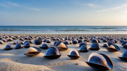 Poster - Mussel Shells on Sandy Beach with Horizon View and Clear Sky Ideal for Text Placement in Coastal Theme Design