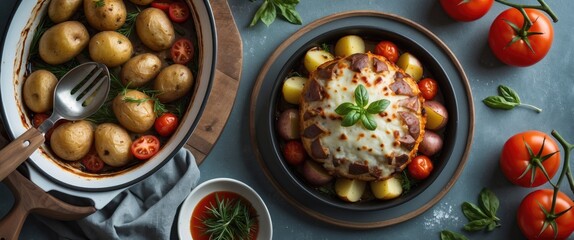 Poster - Delicious stuffed baked potatoes with melted cheese and fresh tomatoes on a rustic table featuring ample space for text overlay.
