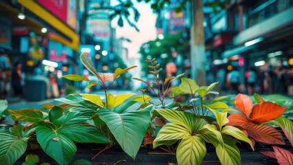 Aufkleber - Diverse urban foliage in Jakarta street park showcasing various leaf types amidst a lively city backdrop.