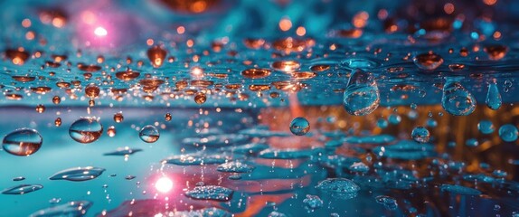Poster - Colorful water droplets on wet surface with abstract reflections and light effects creating a captivating visual from a bottom perspective.