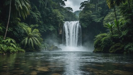 Poster - Majestic waterfall cascading through lush green rainforest with mist and tranquil waters, ideal for nature and travel themes.