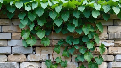 Poster - Stone wall adorned with vibrant green leaves of climbing maiden grapes creating a natural and serene atmosphere.