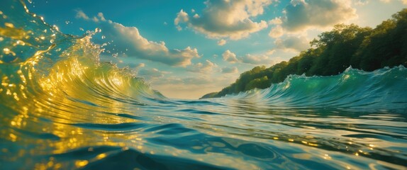 Poster - Vibrant Ocean Waves Reflecting Sunlight with Serene Background and Clear Space for Text Overlay