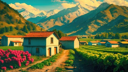 Poster - Colorful Rural Landscape with Charming Farms and Majestic Mountains in the Background During a Bright Sunny Day